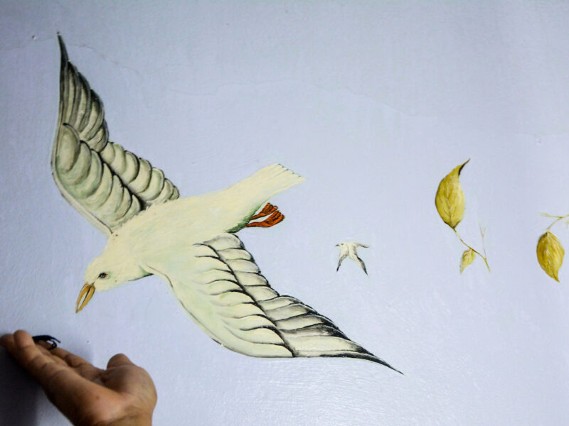 A Estrela: pintura de pássaro em parede com mão em primeiro plano