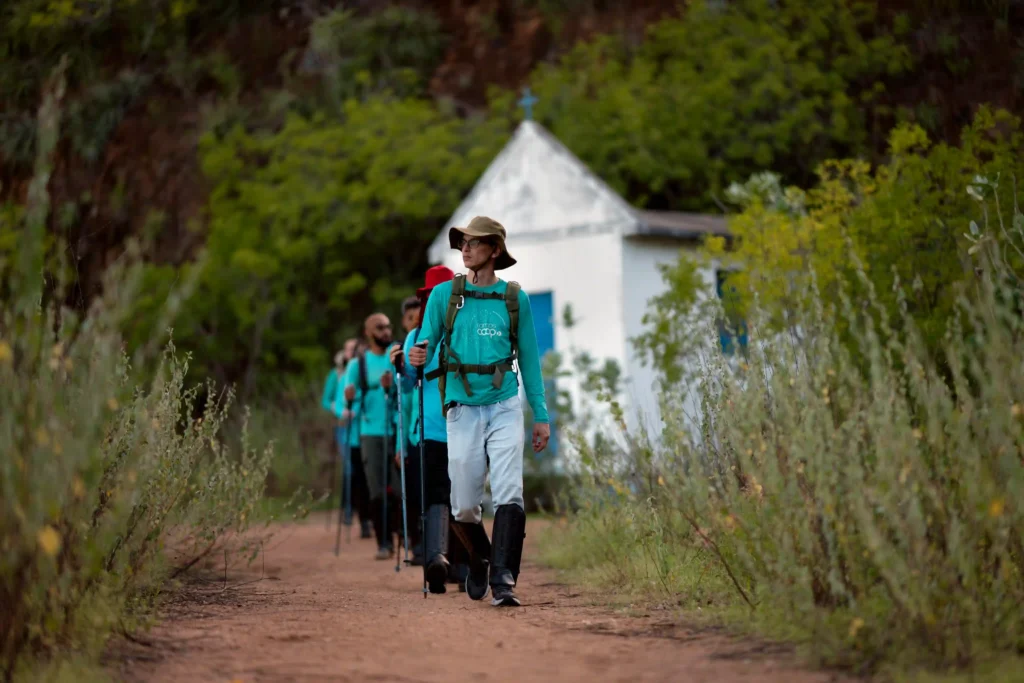 Retratos do Cooperativismo: brigadistas caminham em fila por trilha no cerrado