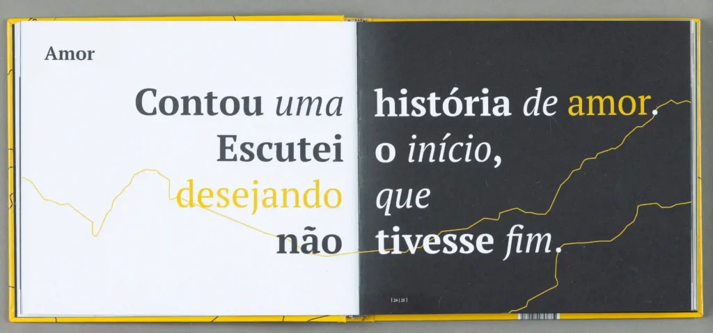 Livro Tramas aberto em página de texto sobre amor
