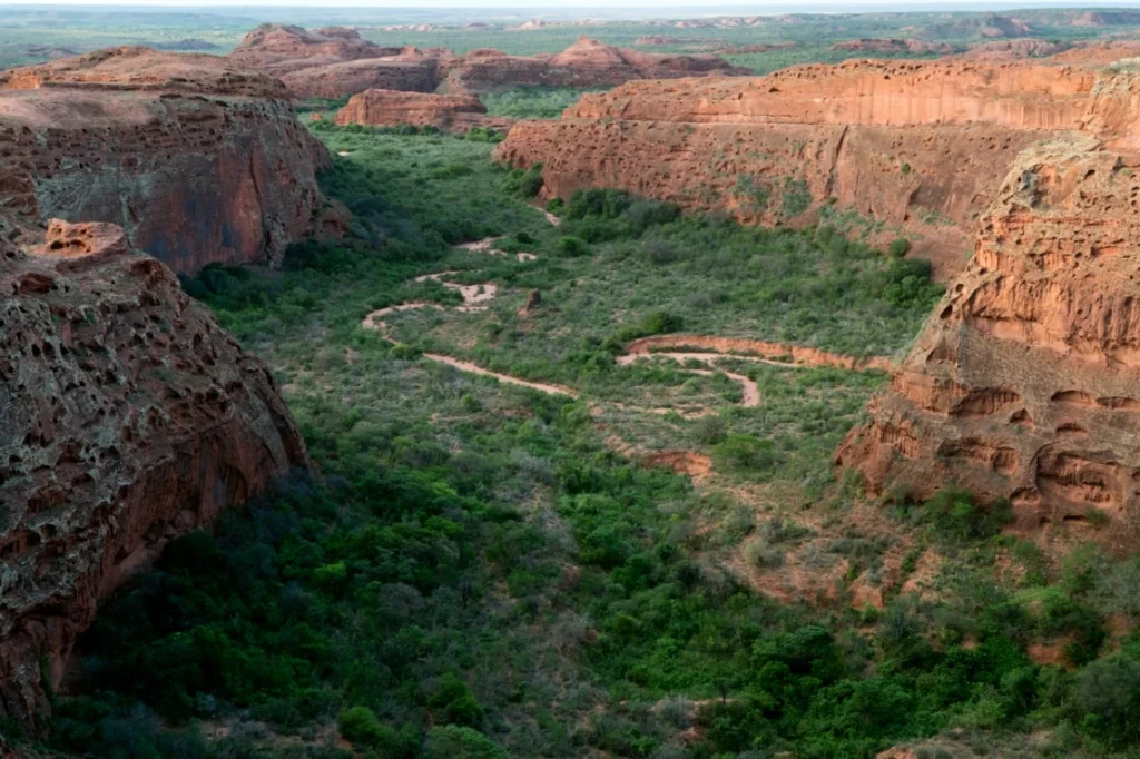 Jardins da Arara de Lear: cânion de paredões vermelhos com vegetação no fundo