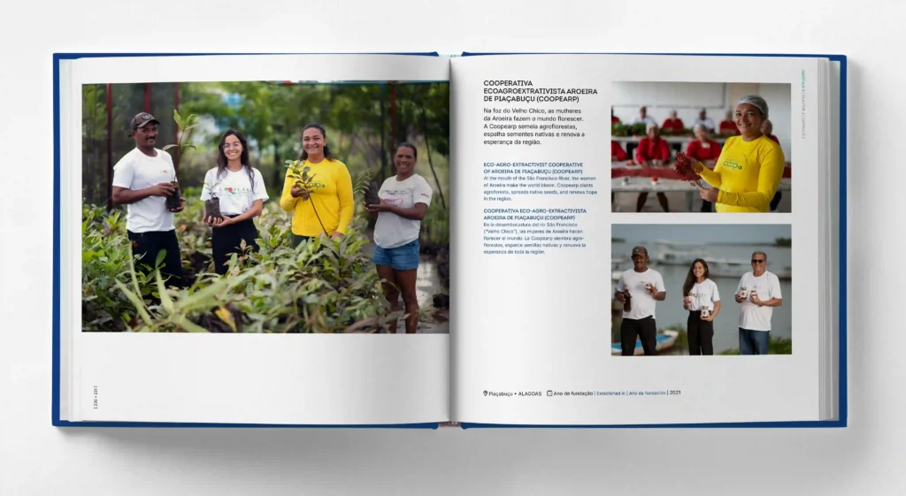 Livro Cooperativas do Brasil aberto em página com retratos de cooperados