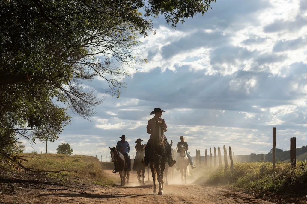 Sebrae Origem e Experiências Turísticas: cavaleiros em estrada de terra com raios de sol