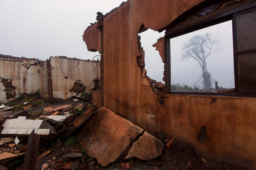 Tramas: casa em ruínas com árvore na neblina vista pela janela