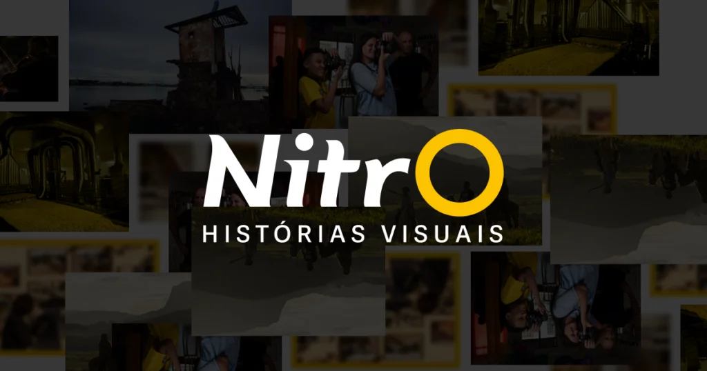 Logotipo da NITRO Histórias Visuais sobre mosaico de fotografias do portfólio