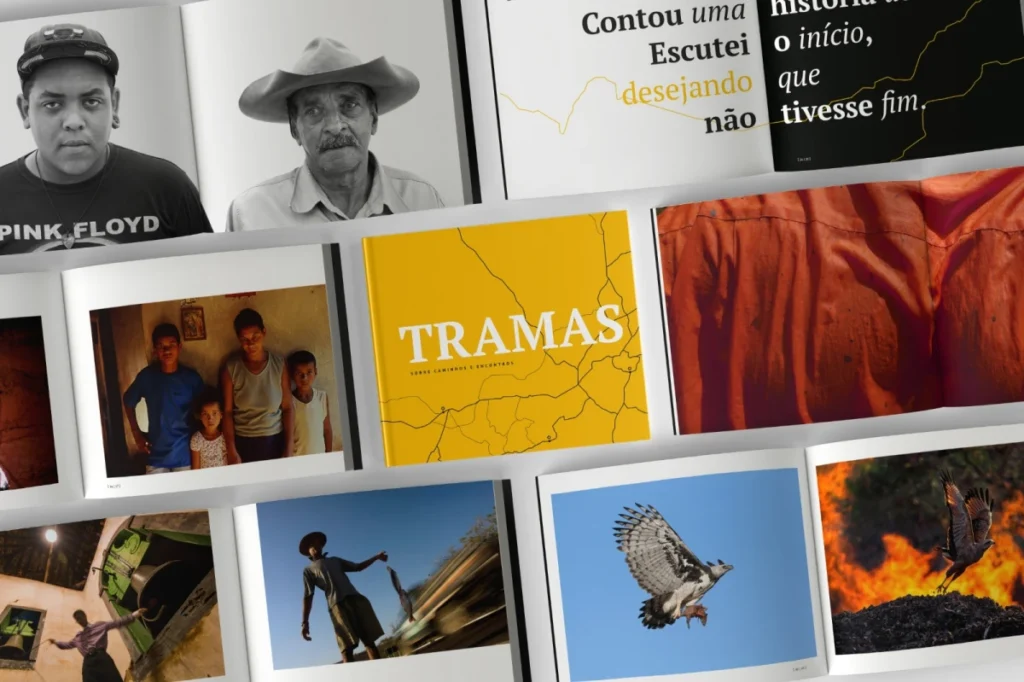 Tramas: páginas do livro espalhadas em mosaico com capa amarela